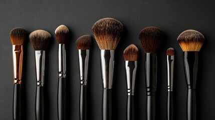 Various professional makeup brushes isolated on black background Cosmetics concept with copy space