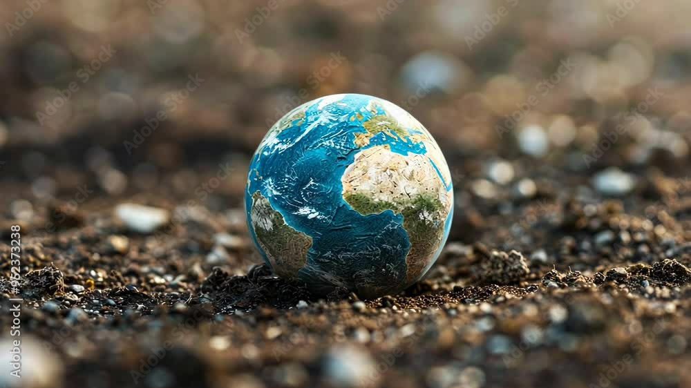 Poster exploring a miniature earth resting on a sandy surface under soft natural light at a tranquil locati