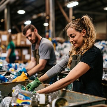 Business people volunteering at a recycling center