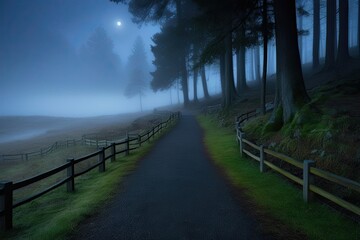 Fototapeta premium Enchanted Forest Pathway at Twilight: A Mystical Route Through Foggy Landscapes