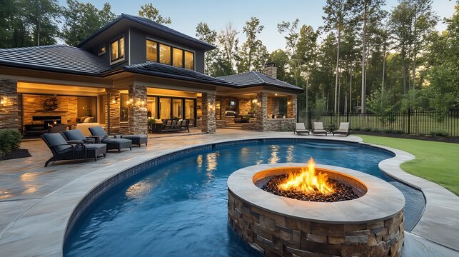 New home beautiful backyard with custom pool with fire pit : Generative AI