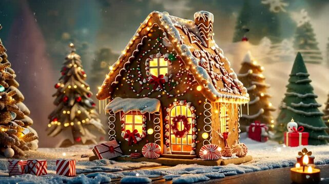 A cozy gingerbread house adorned with lights and surrounded by festive trees during the holiday season
