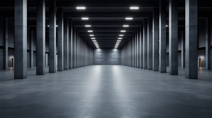 A spacious industrial warehouse interior featuring tall columns, smooth flooring, and well-lit environment, ideal for various uses.