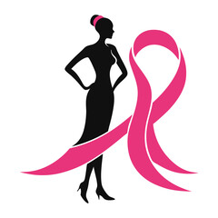 Obraz premium A silhouette of a strong woman standing tall with the pink ribbon prominently featured, symbolizing resilience