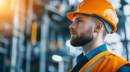 Fototapeta premium A focused construction worker in an orange safety vest and hard hat, showcasing dedication and professionalism in a modern workspace.