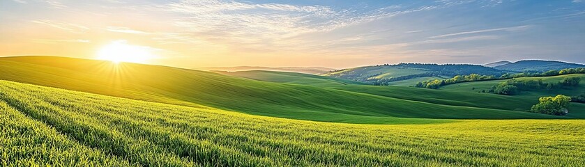 Obraz premium Sunrise over rolling hills with golden light illuminating lush fields, serene countryside