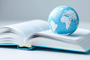 Illustration of open book with a world on white background