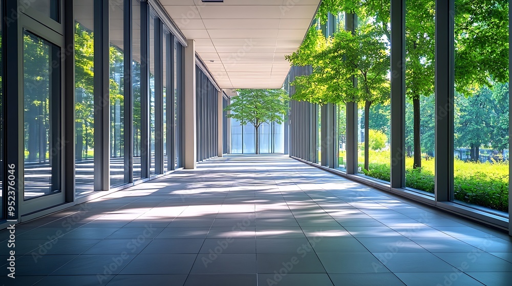 Poster empty corridor in modern office building with green tree outside the window : generative ai