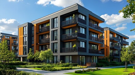 Obraz premium Exterior view of modern apartment building offering luxury rental units : Generative AI