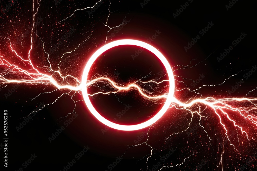 Poster red abstract circle lightning effect with glowing swirl particles on dark background