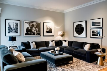 Stylish Monochromatic Living Room with Large Sectional and Gallery Display