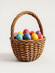 Naklejka premium Woven Easter Egg Basket Filled with Vibrant Dyed Eggs on Pristine White Background