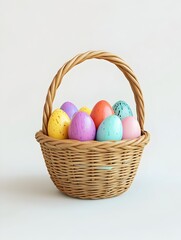 Woven Easter Egg Basket with Colorful Dyed Eggs on Pristine White Background