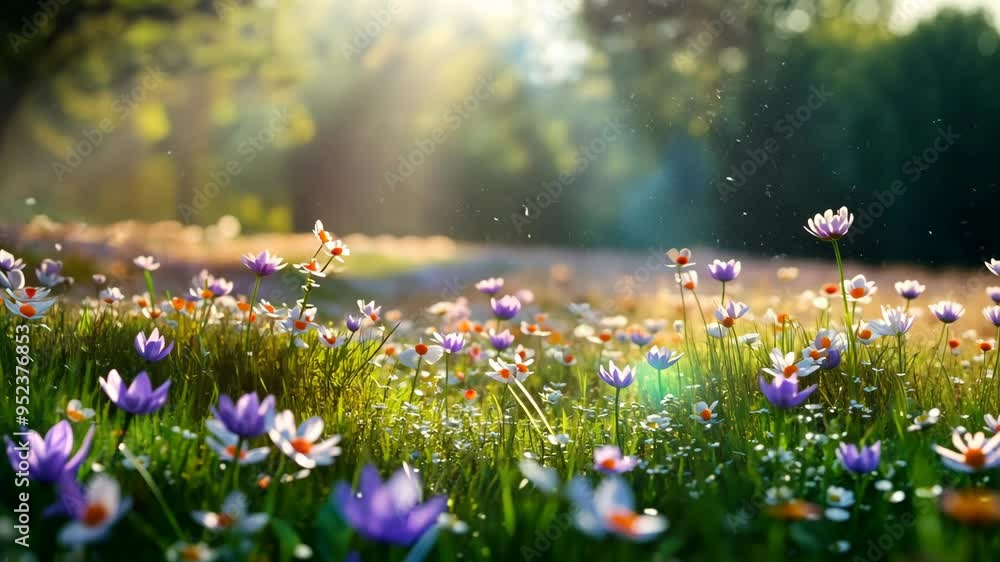 Poster vibrant spring meadow with blooming flowers and sunlight filtering through trees in a tranquil setti