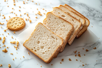 Naklejka premium Freshly sliced bread displayed on a marble surface, accompanied by a cookie and scattered crumbs for a delightful snack scene.