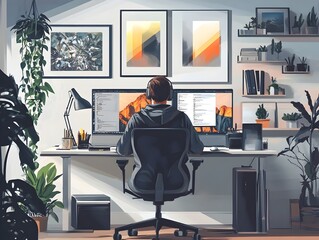 Fototapeta premium Productive Remote Workspace with Bauhaus Inspired Design and Lush Greenery