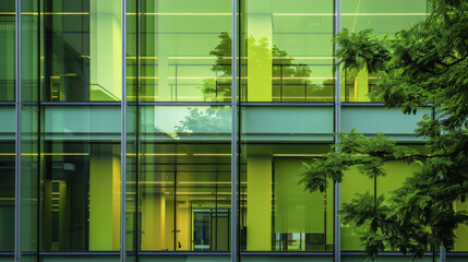Modern office building with glass wall and green leaves