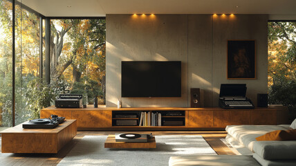 A modern living room where vintage analogue devices blend seamlessly with contemporary tech, highlighting the harmony between timeless and modern experiences.