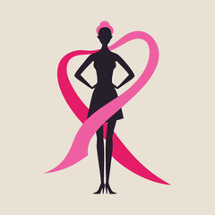 A silhouette of a strong woman standing tall with the pink ribbon prominently featured, symbolizing resilience