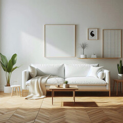 Frame mockup in modern white living room interior, living room featuring minimalist decor and large window