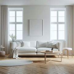 Fototapeta premium Frame mockup in modern white living room interior, living room featuring minimalist decor and large window