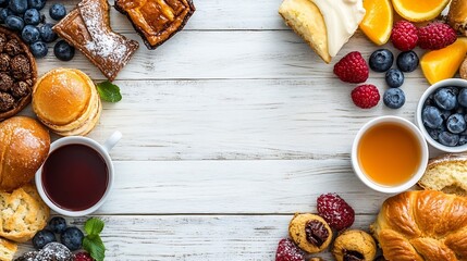 Breakfast or brunch top border on a white wood banner background Above view Selection of sweet and savory food items : Generative AI
