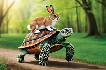 Vibrant Turtle Carrying a Bunny in a Creative Illustration