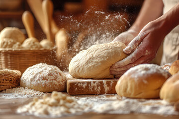 Obraz premium A baker kneads fresh dough on a wooden board, surrounded by flour and golden bread rolls, showcasing the art of bread-making.