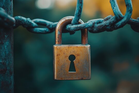 A rusty lock with a keyhole is hanging from a chain