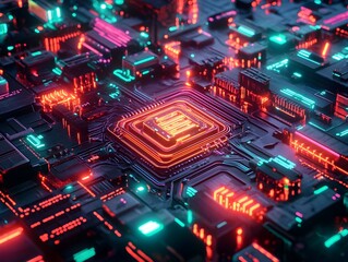 Obraz premium Luminous Cyberpunk Inspired Futuristic Circuit Board with Pulsating AI Driven Neural Network