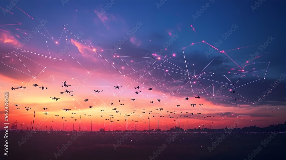 Poster mesmerizing drone swarm choreographing geometric patterns in vibrant evening sky