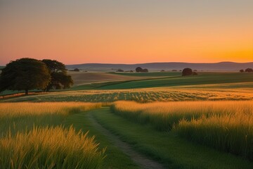 Fototapeta premium Captivating Dusk Landscape with Golden Hues in Blooming Grasslands