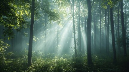 Fototapeta premium Panorama of Natural Beech Forest with Sunbeams through Morning Fog : Generative AI