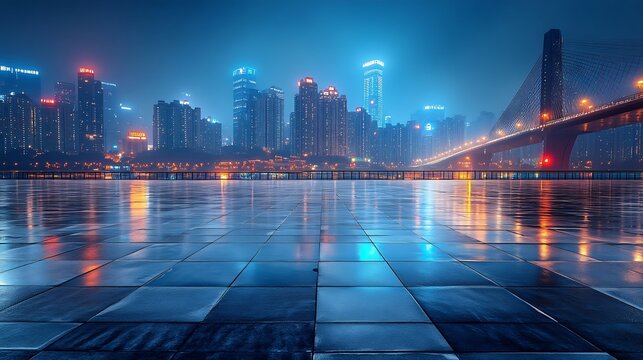 Fototapeta Empty square floor and bridge with modern city buildings scenery at night in Chongqing : Generative AI