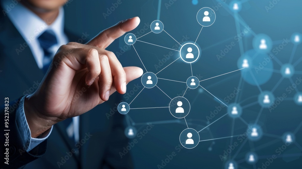 Poster A man is pointing at a network of people on a computer screen