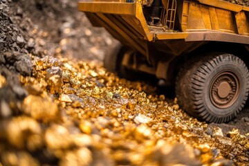 A large yellow truck is driving through a pile of gold