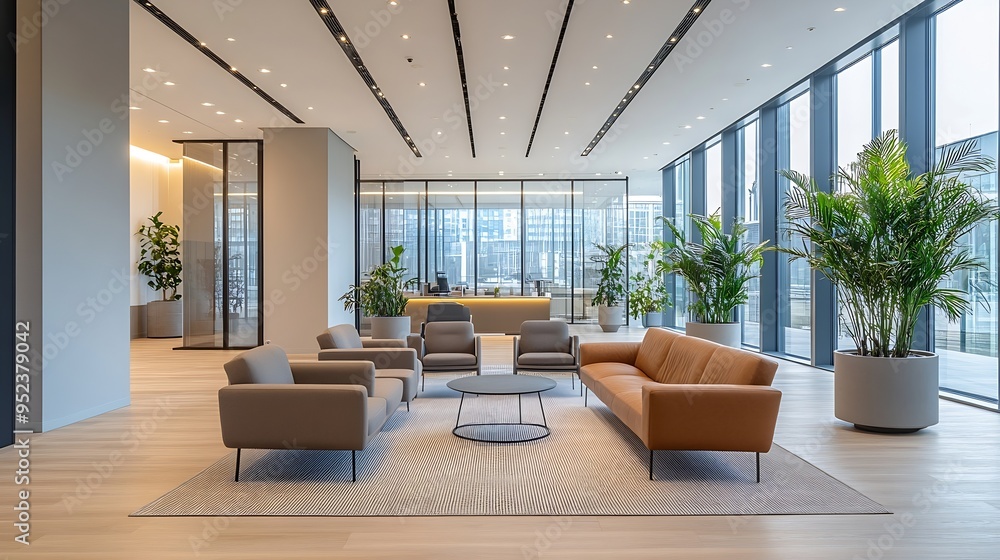 Poster Interior of modern empty office buildingOpen ceiling designThere are floortoceiling Windows and comfortable sofas : Generative AI
