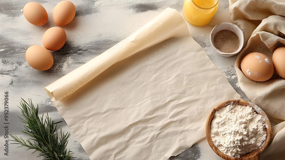 Poster top view with baking parchment empty on table background folded cloth for mockup with copy space fla