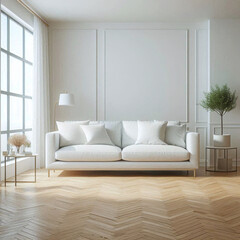 Frame mockup in modern white living room interior, living room featuring minimalist decor and large window