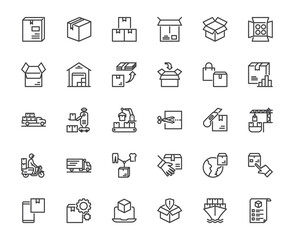 Simple shipping cardboard packaging box outline icon set and related thing, delivery and transportation packing concept, 48x48 pixel perfect icon, editable stroke for media, web, application design
