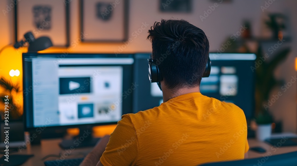 Aufkleber back view of man working on computer in home office