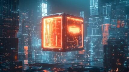 Centralized AI Powered Cube Hovering Over Futuristic City Skyline