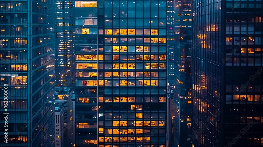 Poster Windows in highrise office building in the late evening with glowing and blinking interior lights timelapse Aerial top view : Generative AI