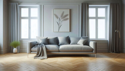 living room featuring a large white sofa with soft pillows and elegant deco, large windows