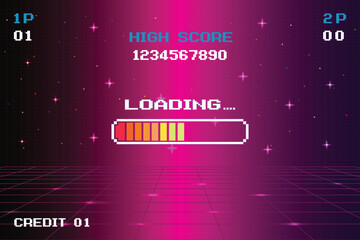 Naklejka premium LOADING bar .pixel art .8 bit. retro game. for game assets in vector illustrations. Retro Futurism Sci-Fi Background. glowing neon grid and star from vintage arcade computer game.