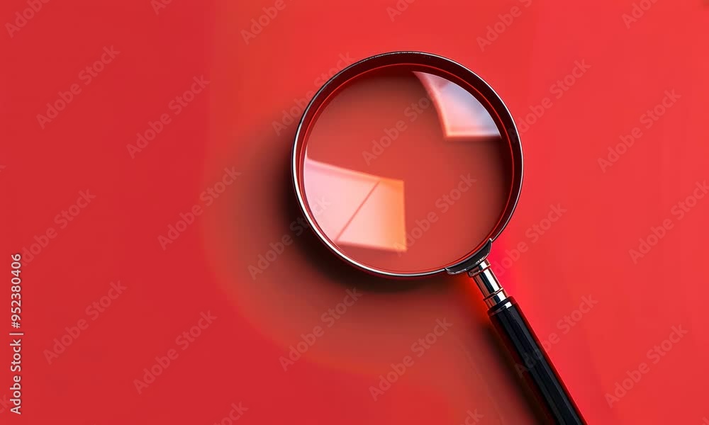 Poster magnifying glass on red background with copy space