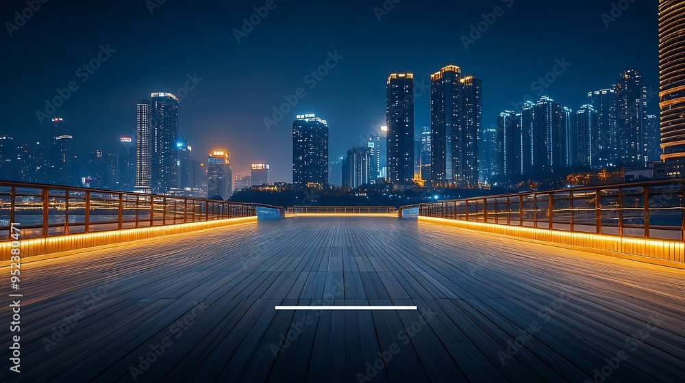 Aufkleber empty square floor and bridge with modern city buildings at night in chongqing : generative ai