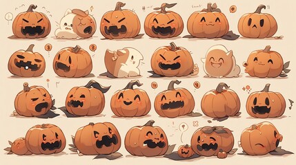 A playful collection of cute pumpkins showcasing various expressive faces, perfect for autumn and Halloween themes.