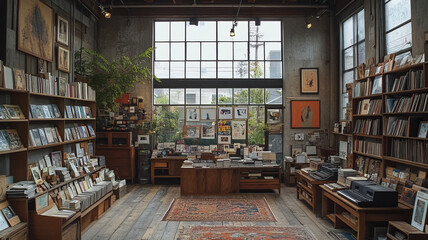 An inspiring studio where artists blend analogue technology with modern art, using film cameras, vinyl players, and typewriters to craft unique, tactile projects, under warm, ambient lighting.