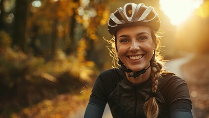 Smiling Cyclist in Autumn Forest